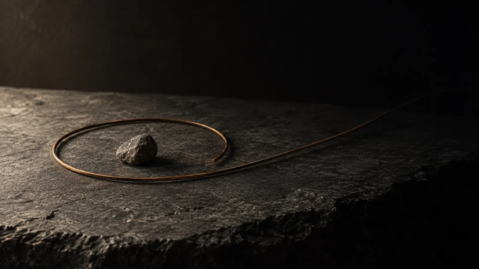 A thin bronze colored wire forms an open circle around a small gray stone on a dark background.