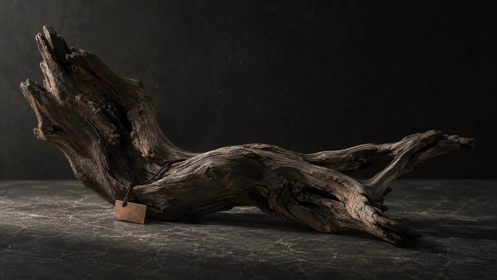 A large irregular piece of wood on dark stone, with a small empty bronze label hanging from a thin thread.