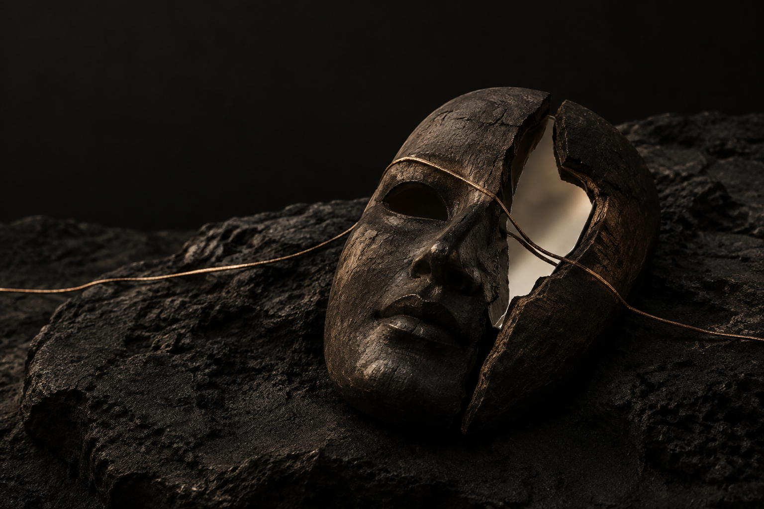 A cracked dark wooden mask on black stone, with a mirror surface in the opening and a thin bronze thread crossing the mask.